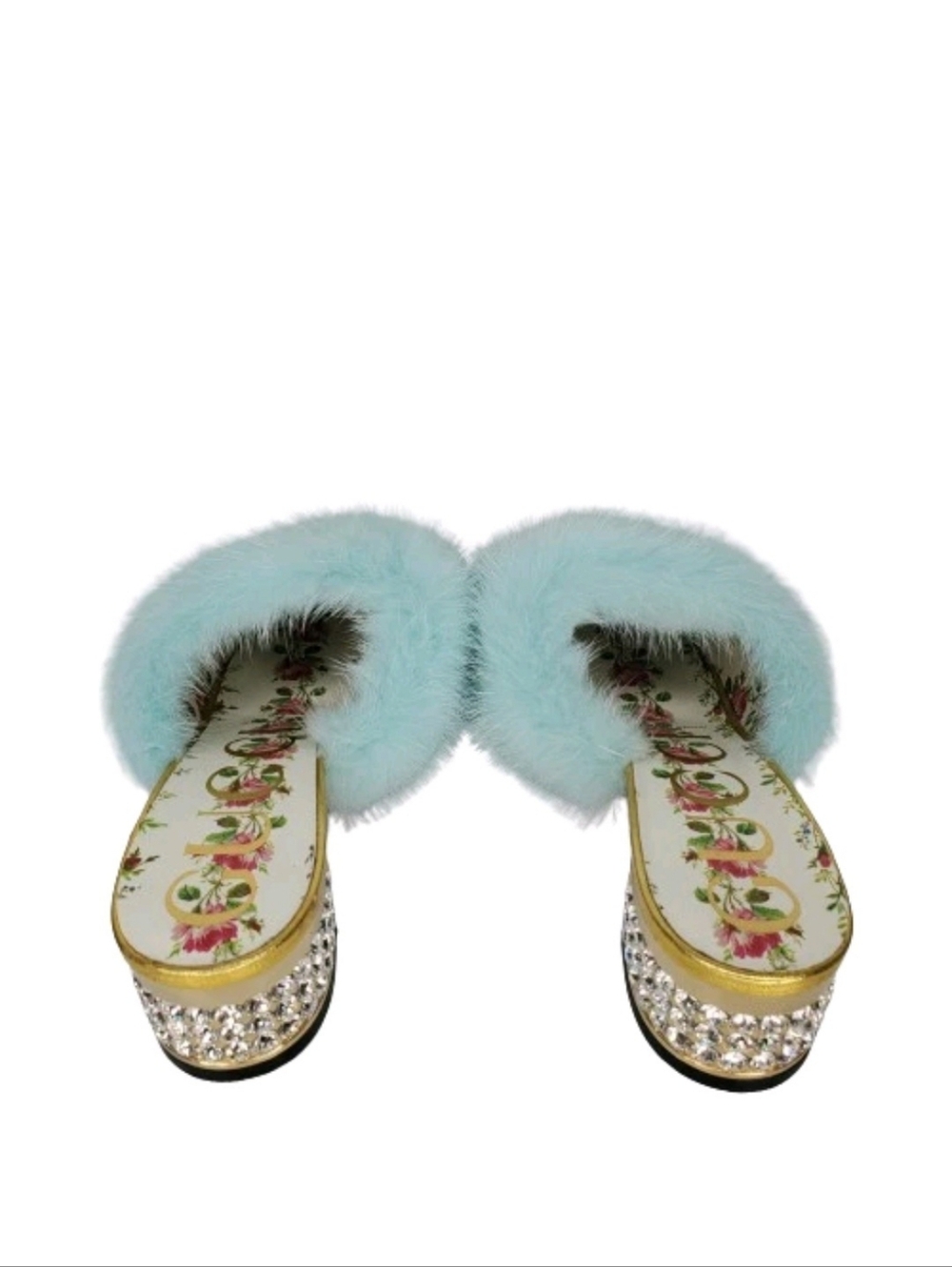 Gucci Gold Metallic Nappa Leather & Aqua Mink Fur Crystal Candy Mules - Picture 3 of 8
